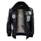 Chaqueta de piloto bomber Topgun Maverick negra y gris para hombre con insignias estadounidenses y piel negra de gato Tom.