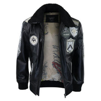 Chaqueta de piloto bomber Topgun Maverick negra y gris para hombre con insignias estadounidenses y piel negra de gato Tom.