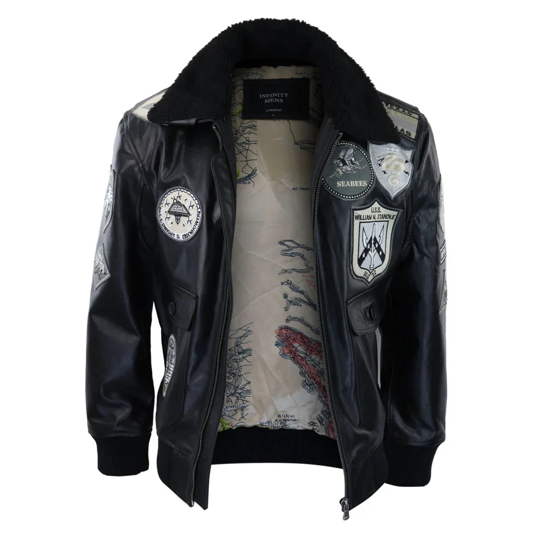 Chaqueta de piloto bomber Topgun Maverick negra y gris para hombre con insignias estadounidenses y piel negra de gato Tom.