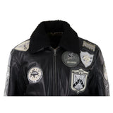 Chaqueta de piloto bomber Topgun Maverick negra y gris para hombre con insignias estadounidenses y piel negra de gato Tom.