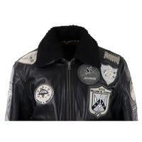 Chaqueta de piloto bomber Topgun Maverick negra y gris para hombre con insignias estadounidenses y piel negra de gato Tom.