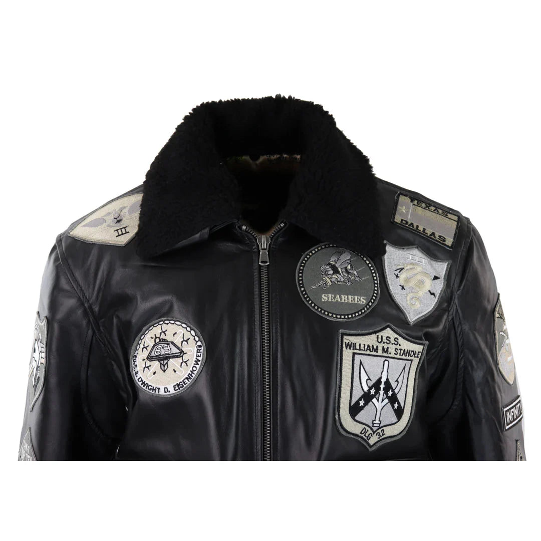 Chaqueta de piloto bomber Topgun Maverick negra y gris para hombre con insignias estadounidenses y piel negra de gato Tom.
