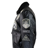 Chaqueta de piloto bomber Topgun Maverick negra y gris para hombre con insignias estadounidenses y piel negra de gato Tom.