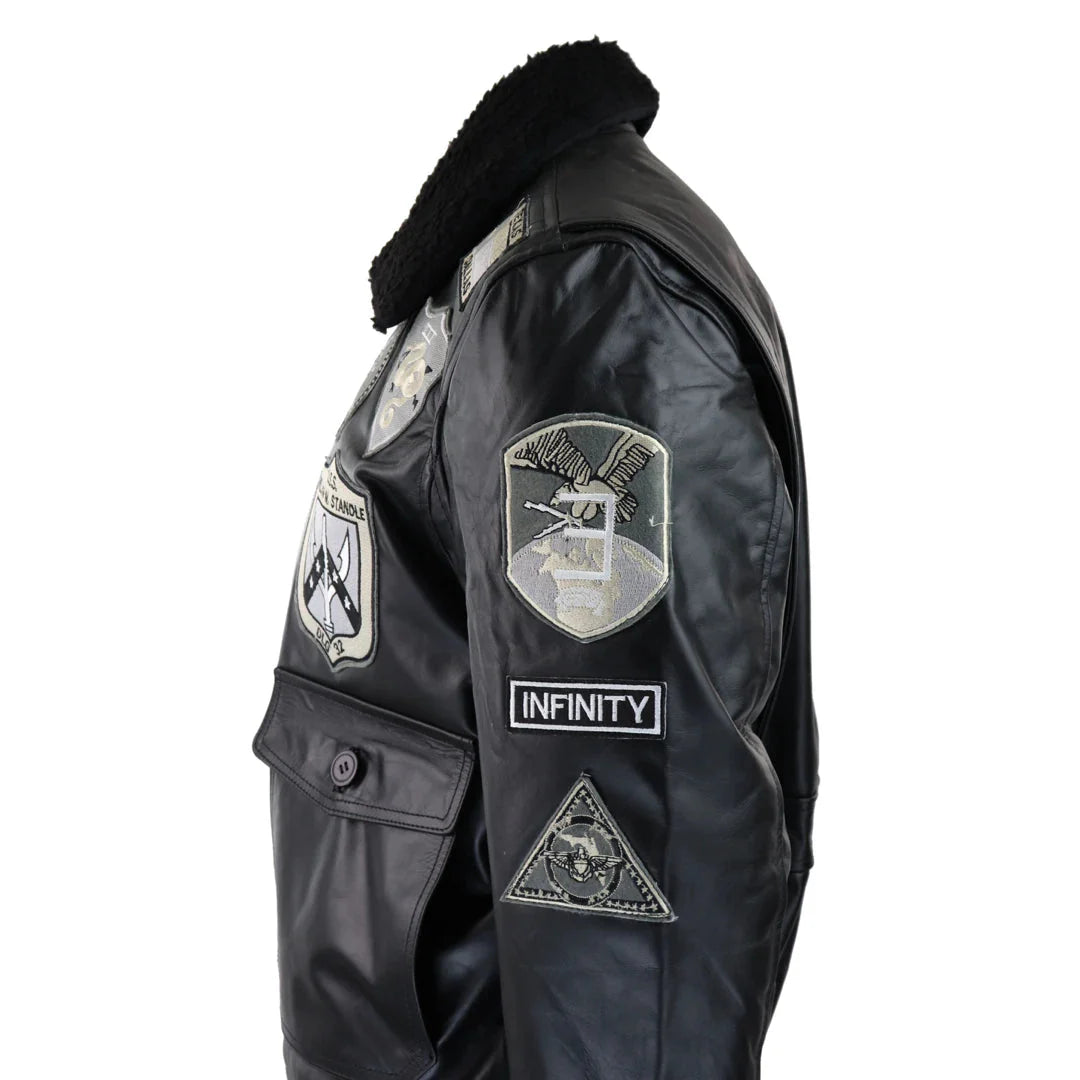 Chaqueta de piloto bomber Topgun Maverick negra y gris para hombre con insignias estadounidenses y piel negra de gato Tom.