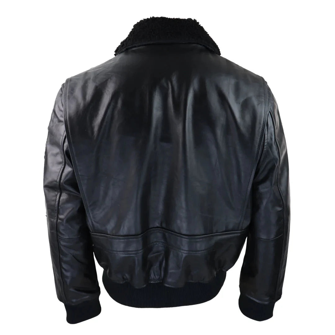 Chaqueta de piloto bomber Topgun Maverick negra y gris para hombre con insignias estadounidenses y piel negra de gato Tom.