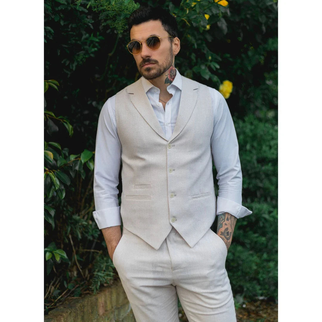 TP-10 - Traje de verano para hombre, chaleco y pantalón de lino, formal, color crema y beige, ideal para bodas.