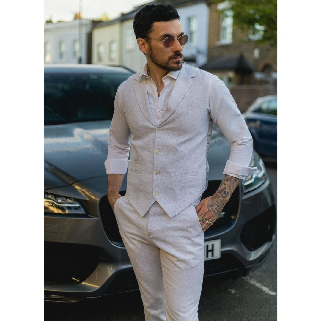 TP-11 - Traje de verano para hombre, chaleco y pantalón de lino, formal, gris claro, para bodas.