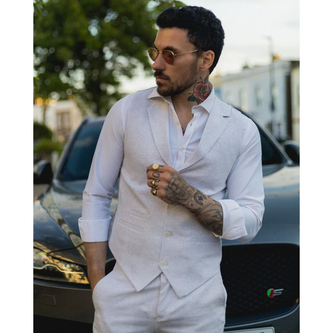 TP-11 - Traje de verano para hombre, chaleco y pantalón de lino, formal, gris claro, para bodas.