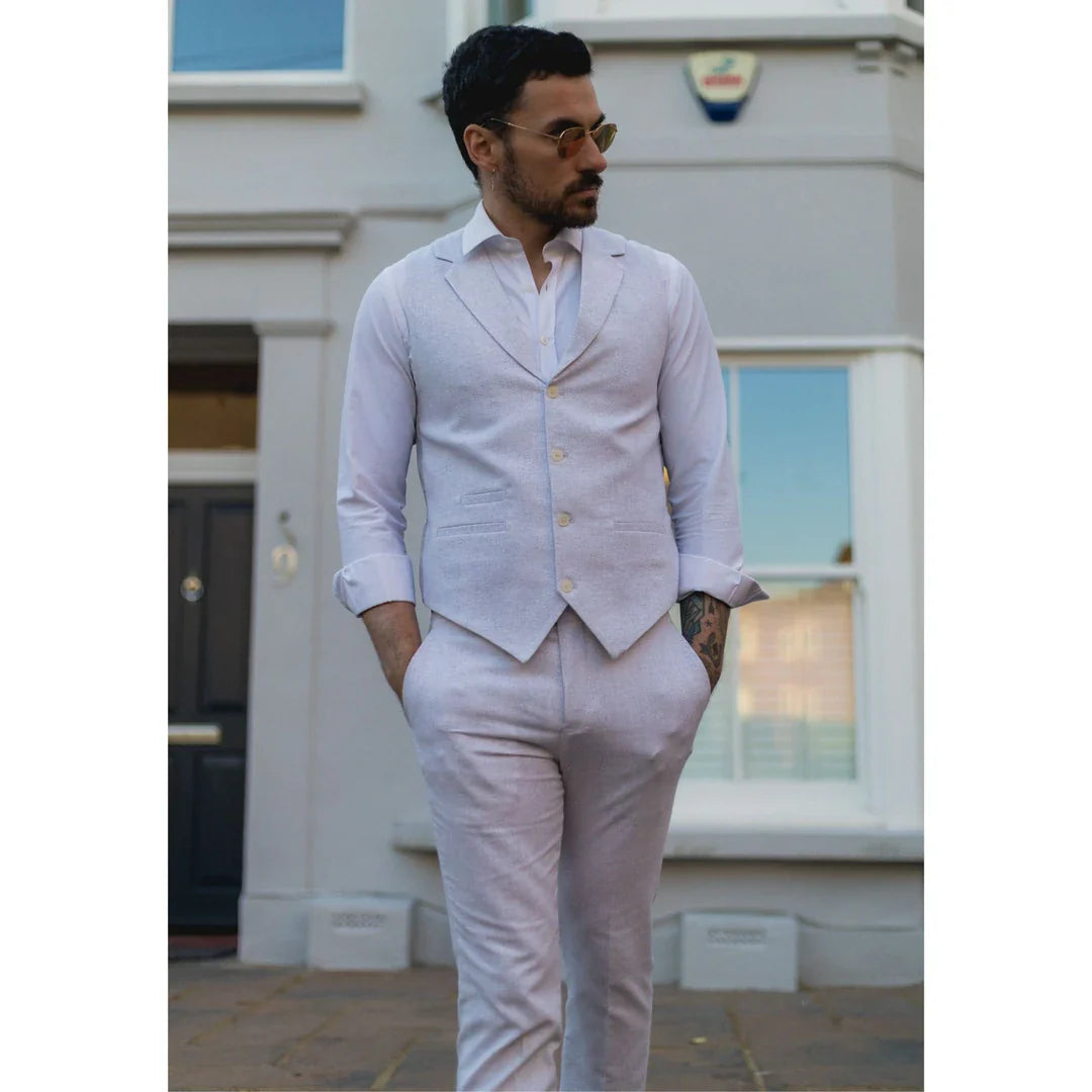 TP-11 - Traje de verano para hombre, chaleco y pantalón de lino, formal, gris claro, para bodas.