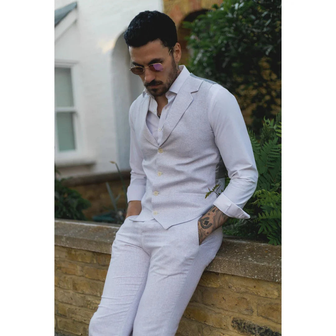 TP-11 - Traje de verano para hombre, chaleco y pantalón de lino, formal, gris claro, para bodas.