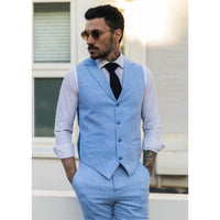 TP-12 - Traje de verano para hombre, chaleco y pantalón de lino, formal, azul marino, para bodas.
