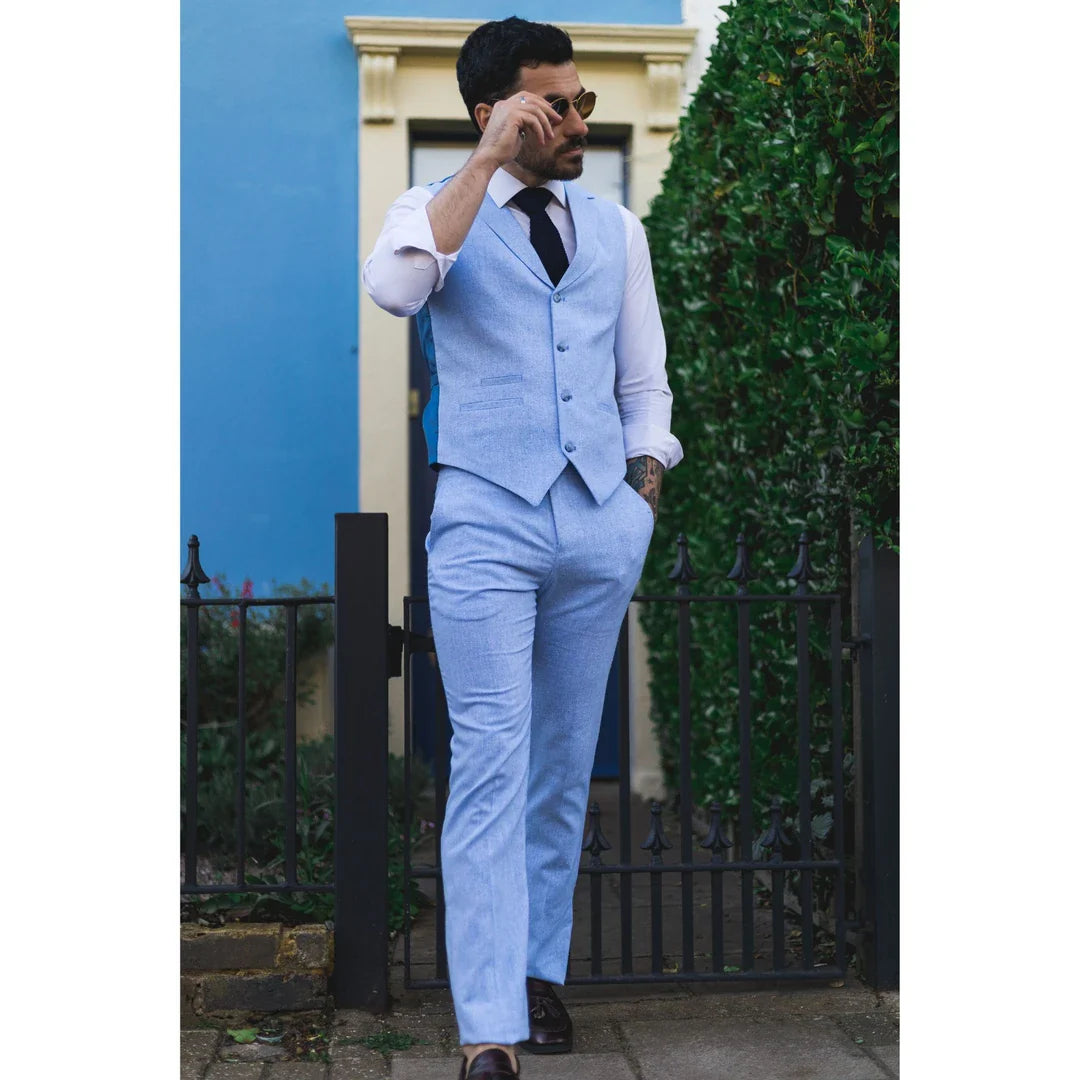 TP-12 - Traje de verano para hombre, chaleco y pantalón de lino, formal, azul marino, para bodas.
