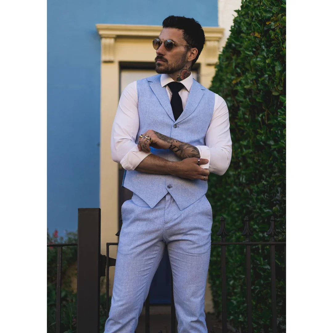 TP-12 - Traje de verano para hombre, chaleco y pantalón de lino, formal, azul marino, para bodas.