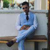 TP-12 - Traje de verano para hombre, chaleco y pantalón de lino, formal, azul marino, para bodas.