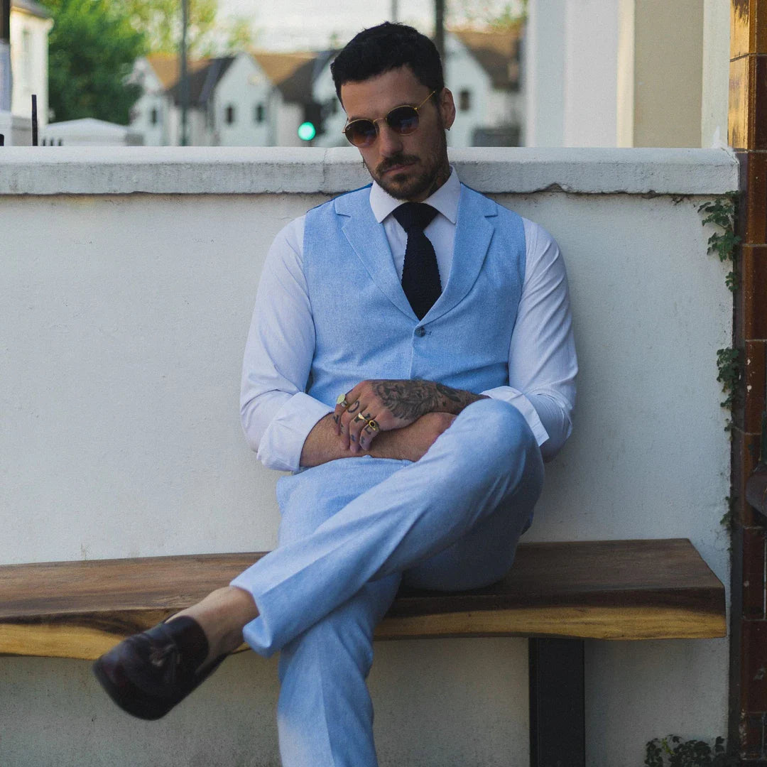 TP-12 - Traje de verano para hombre, chaleco y pantalón de lino, formal, azul marino, para bodas.