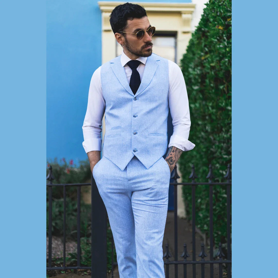 TP-13 - Traje de verano para hombre, chaleco y pantalón de lino, formal, azul claro, para bodas.