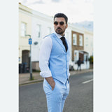 TP-13 - Traje de verano para hombre, chaleco y pantalón de lino, formal, azul claro, para bodas.