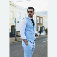 TP-13 - Traje de verano para hombre, chaleco y pantalón de lino, formal, azul claro, para bodas.