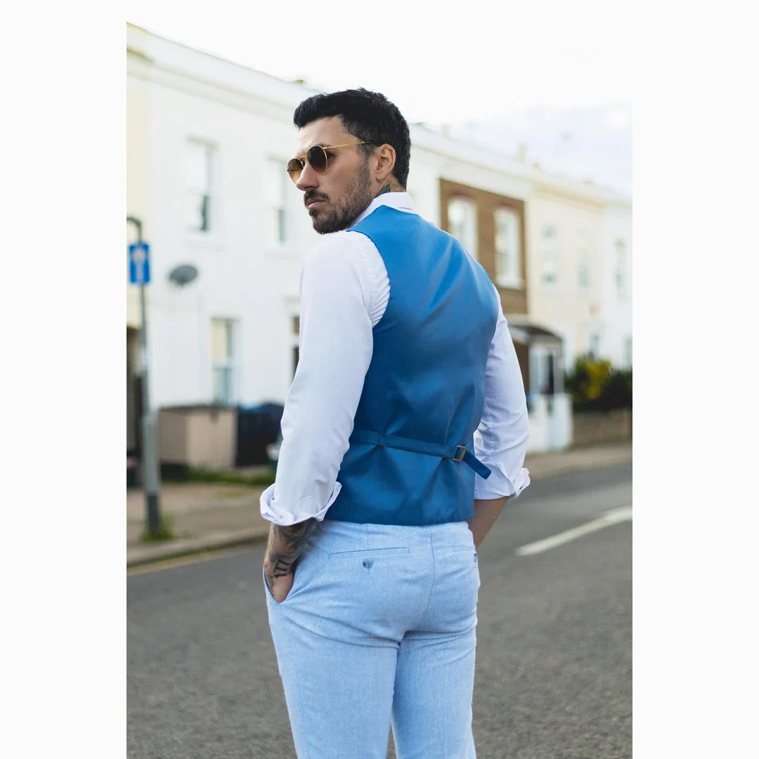 TP-13 - Traje de verano para hombre, chaleco y pantalón de lino, formal, azul claro, para bodas.