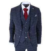 TP-32 - Traje de tres piezas de tweed de mezcla de lana azul marino estilo Gatsby para hombre