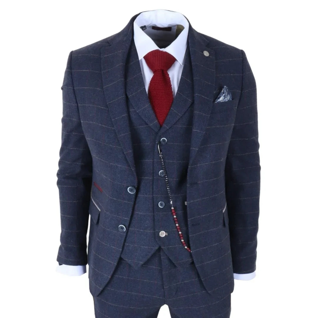 TP-32 - Traje de tres piezas de tweed de mezcla de lana azul marino estilo Gatsby para hombre