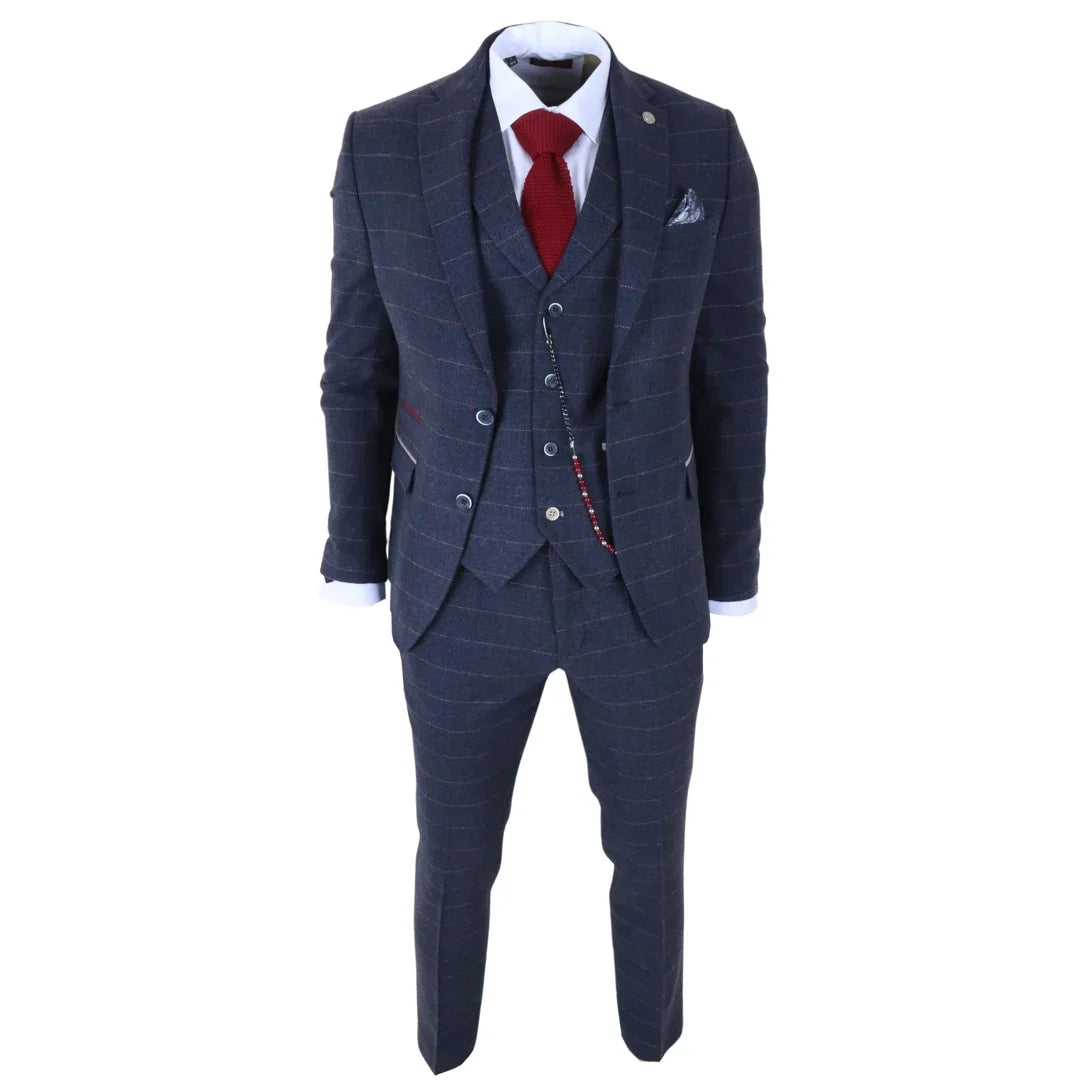 TP-32 - Traje de tres piezas de tweed de mezcla de lana azul marino estilo Gatsby para hombre