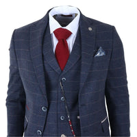 TP-32 - Traje de tres piezas de tweed de mezcla de lana azul marino estilo Gatsby para hombre