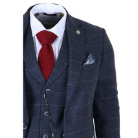 TP-32 - Traje de tres piezas de tweed de mezcla de lana azul marino estilo Gatsby para hombre