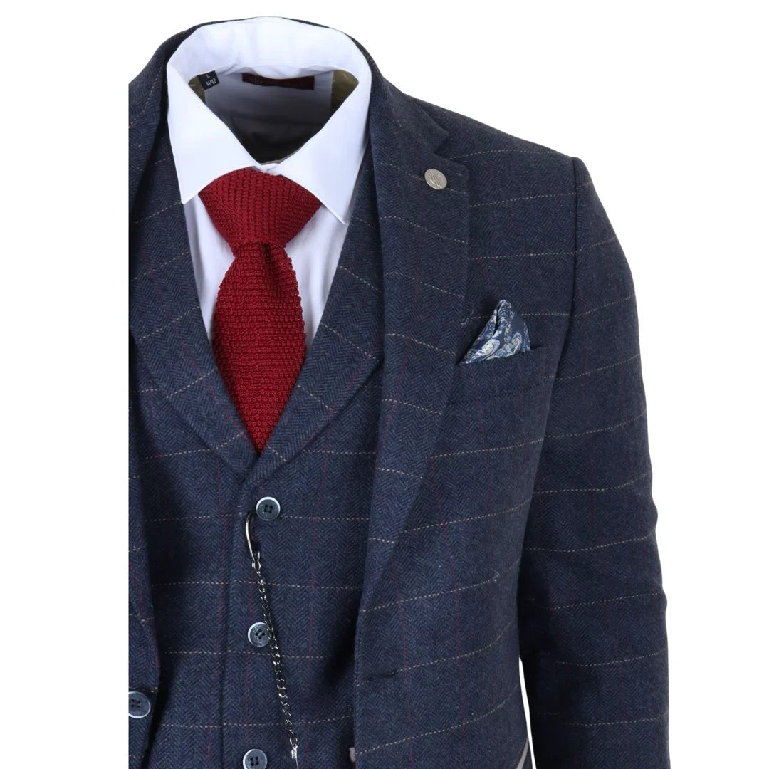 TP-32 - Traje de tres piezas de tweed de mezcla de lana azul marino estilo Gatsby para hombre