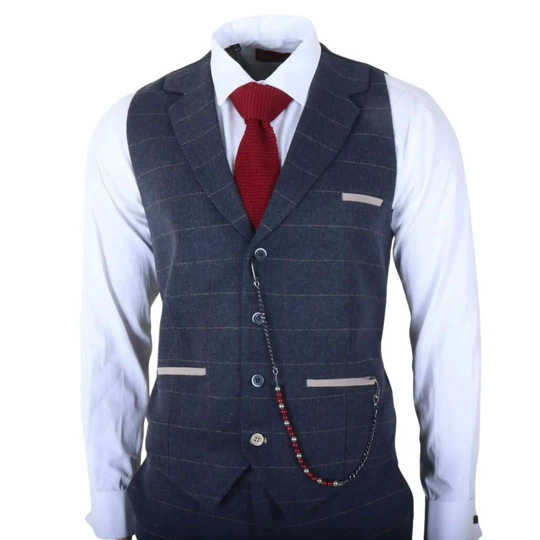 TP-32 - Traje de tres piezas de tweed de mezcla de lana azul marino estilo Gatsby para hombre