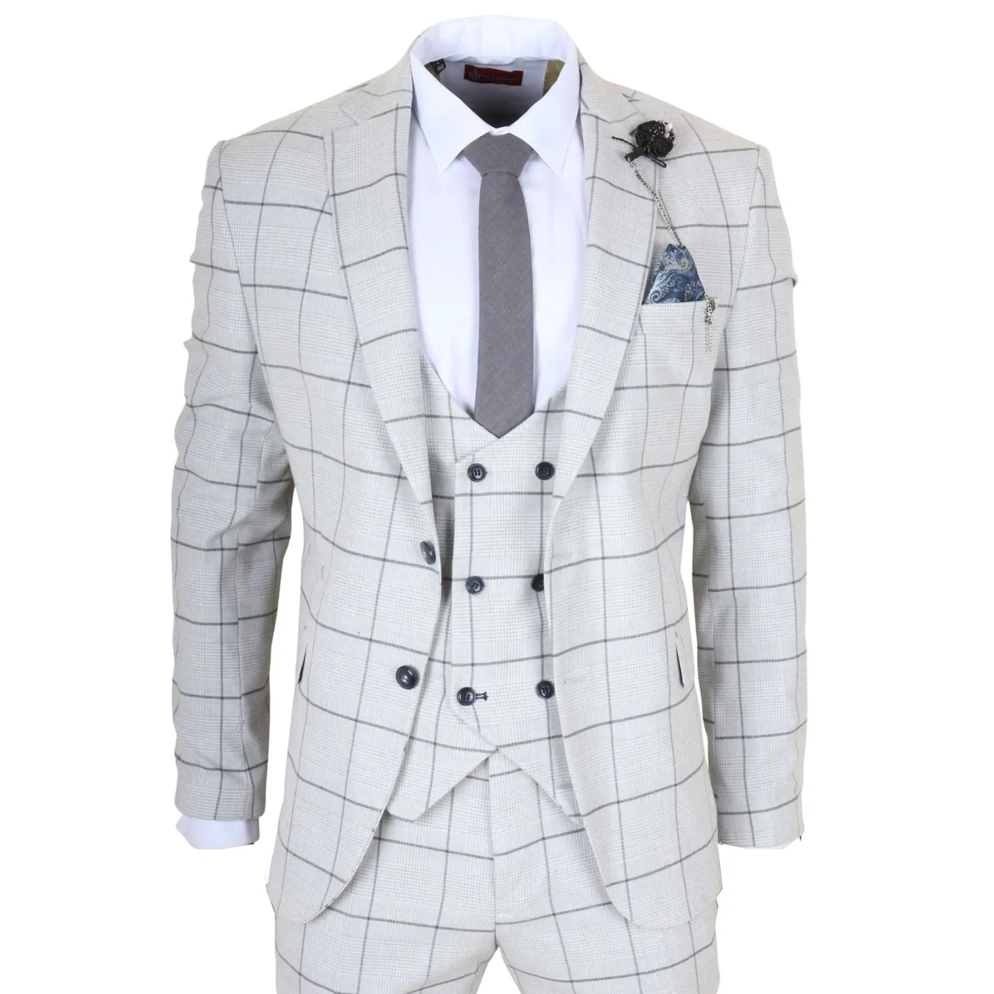 TP-33 - Traje de tres piezas para hombre, corte entallado, color gris a cuadros.