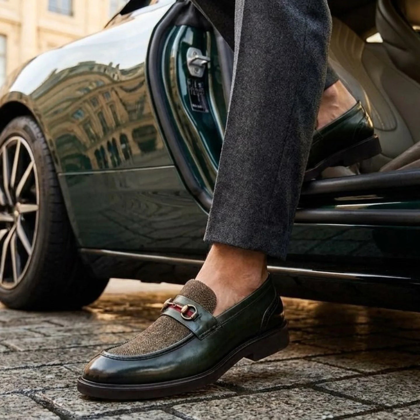 Tristian - Mocasines de tweed con espiga de piel verde para hombre