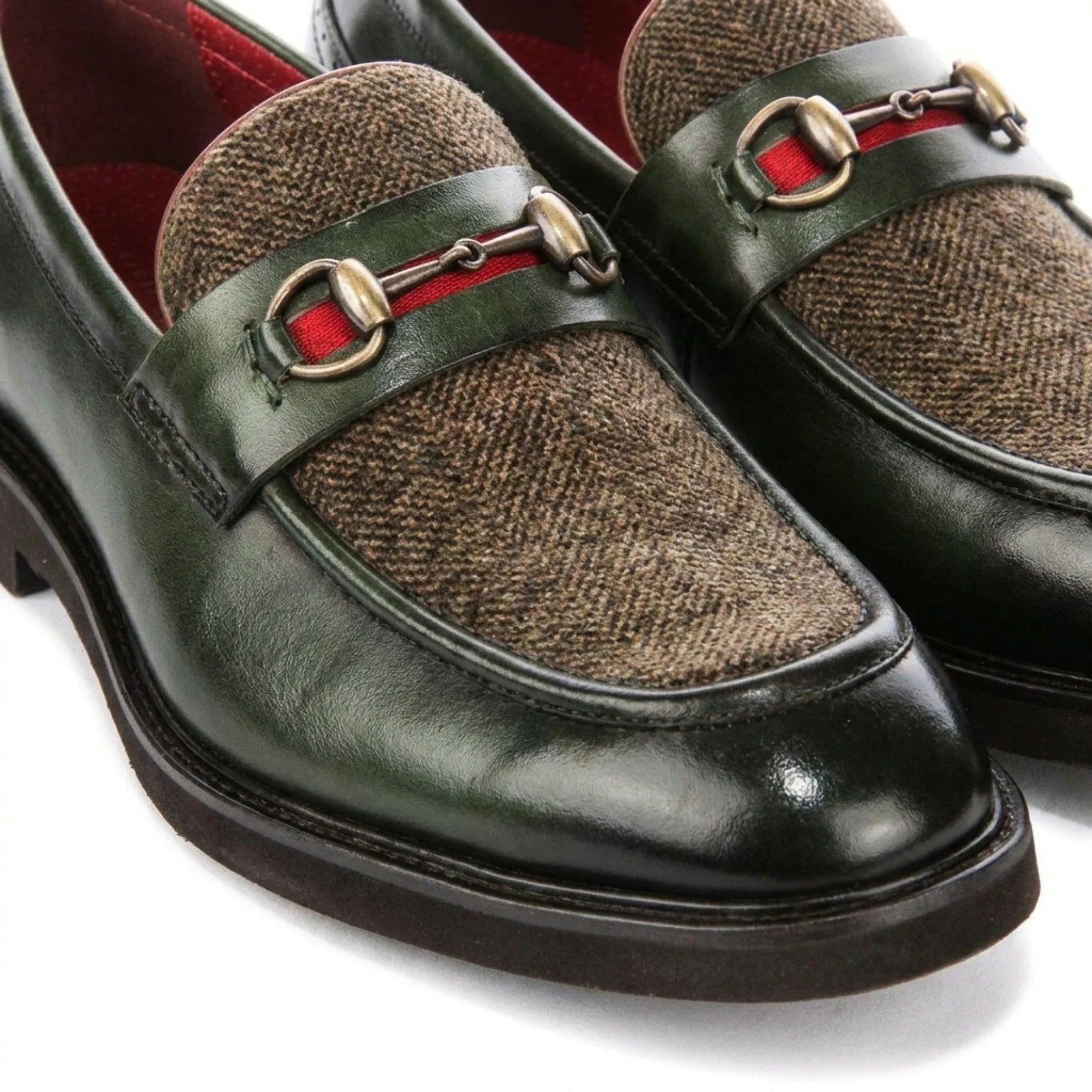 Tristian - Mocasines de tweed con espiga de piel verde para hombre