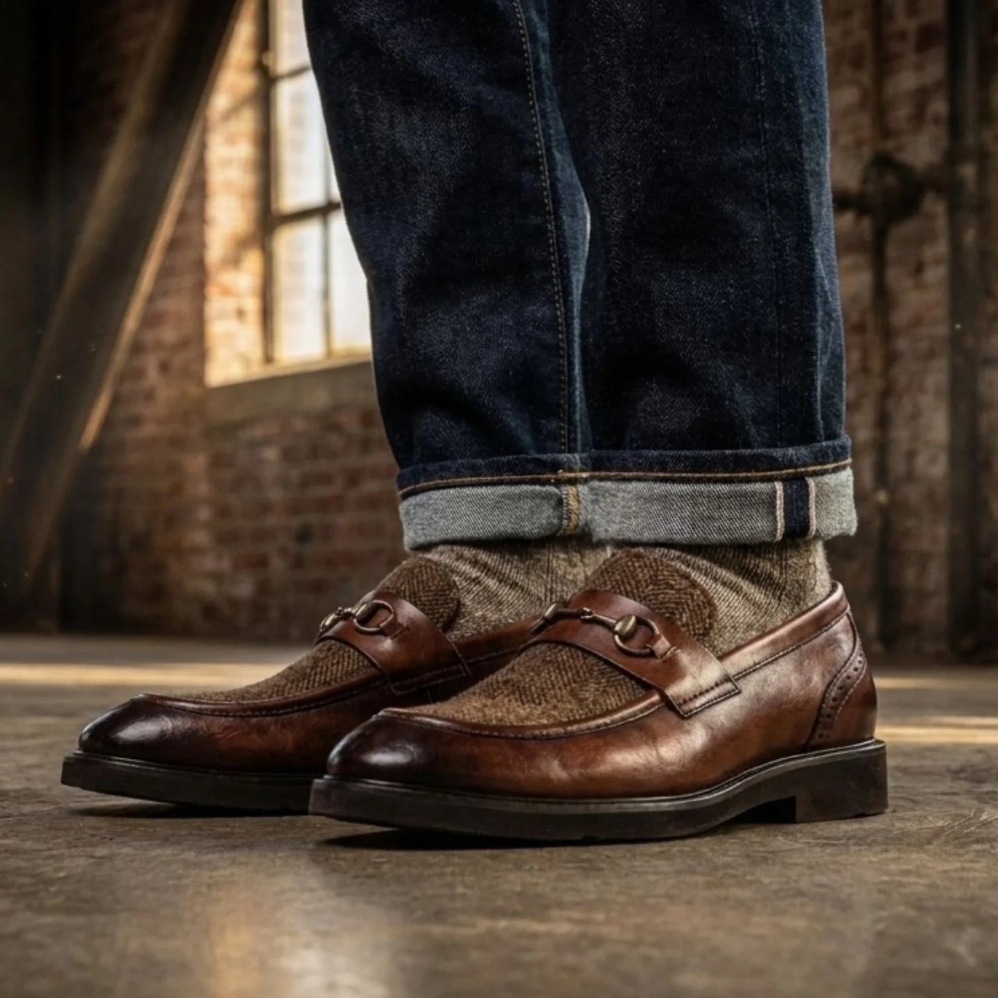 Tristian - Mocasines de tweed con espiga en piel color camel para hombre
