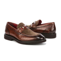 Tristian - Mocasines de tweed con espiga en piel color camel para hombre