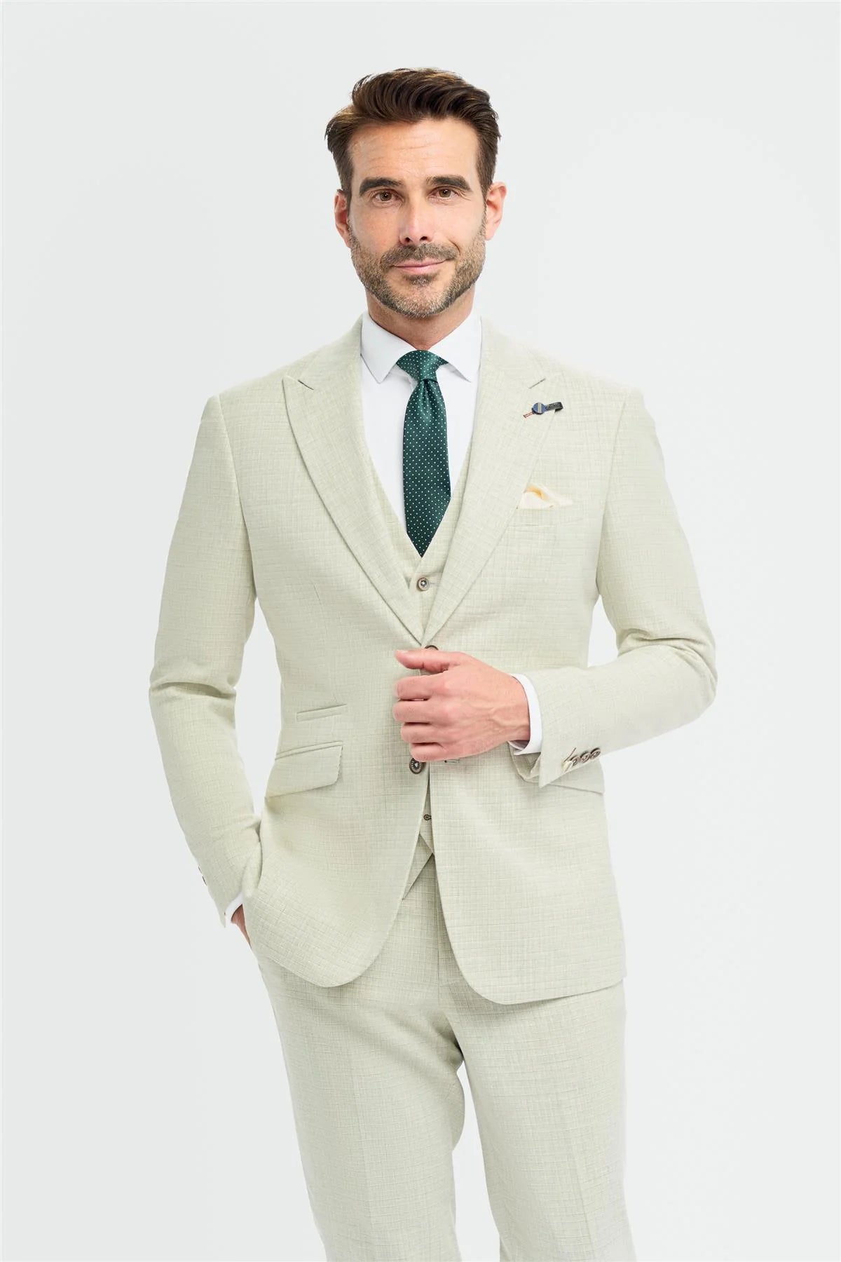 Traje de tres piezas para hombre Tropez, color verde salvia, corte sastre.
