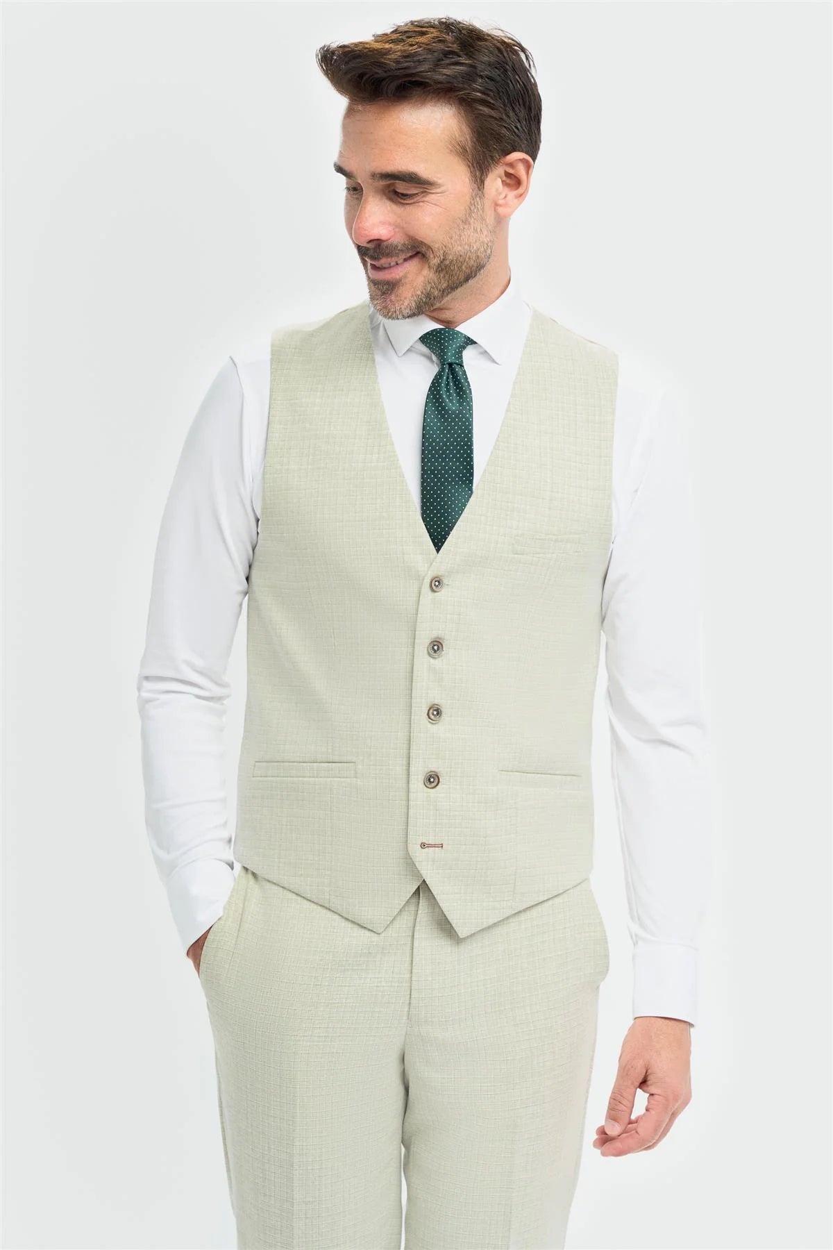 Traje de tres piezas para hombre Tropez, color verde salvia, corte sastre.