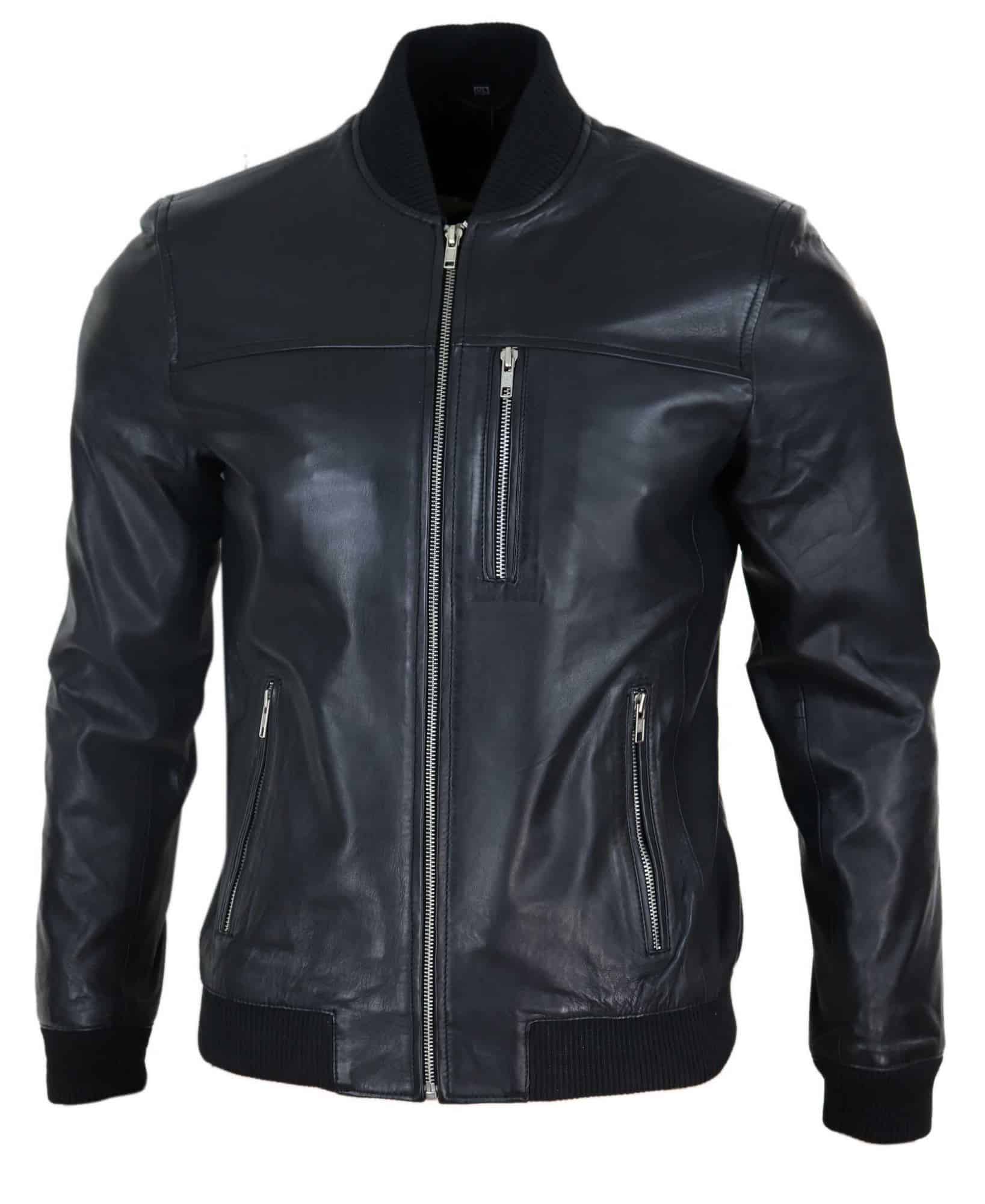 Chaqueta bomber de cuero negro para hombre