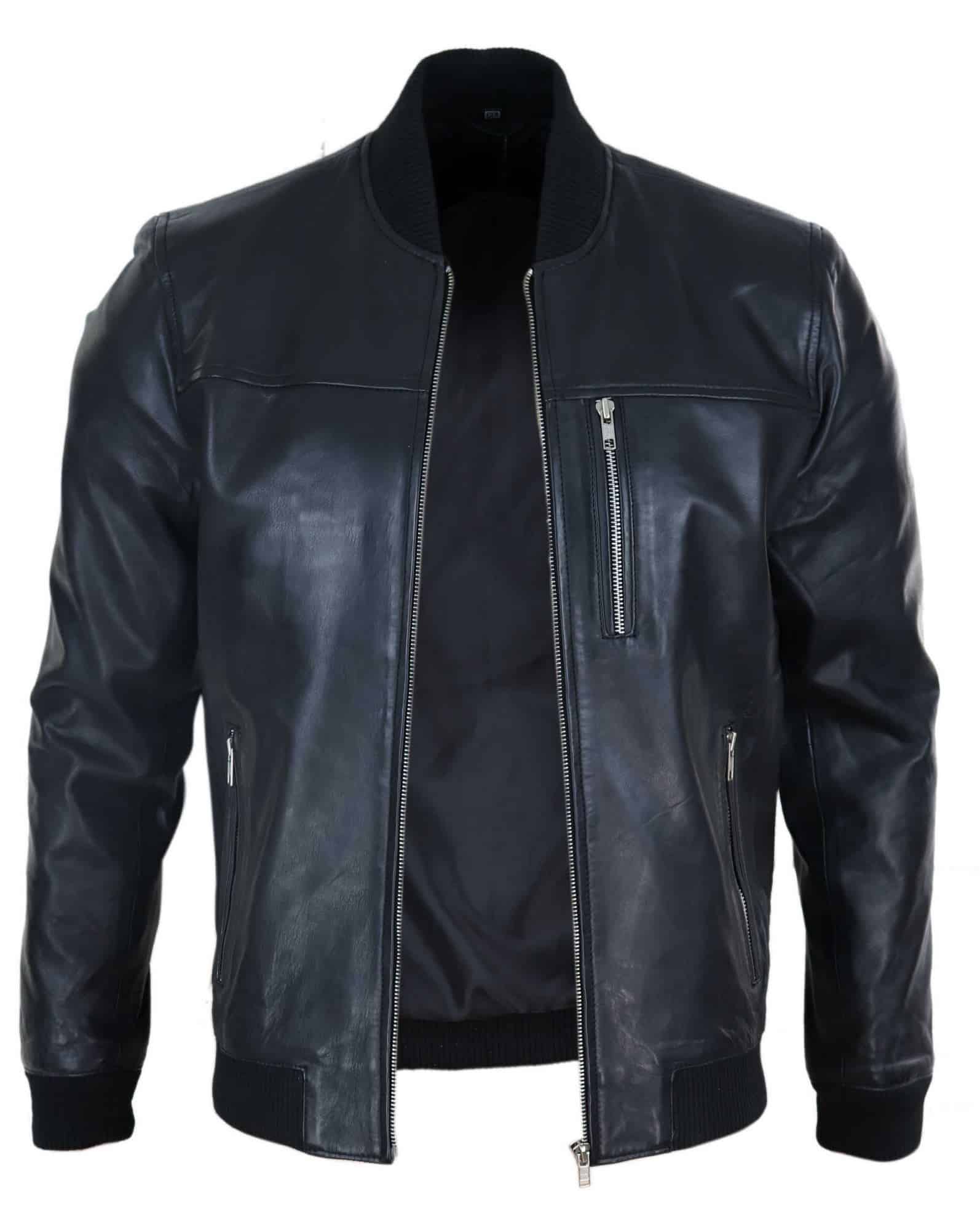 Chaqueta bomber de cuero negro para hombre