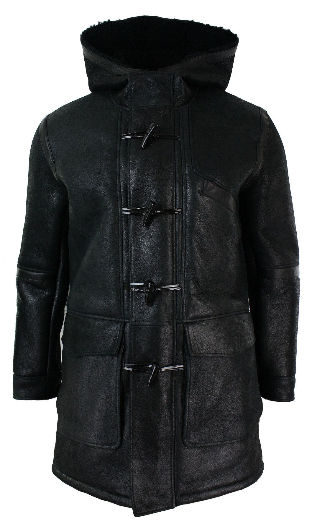 Chaqueta de hombre de piel de oveja auténtica con capucha 3/4, color negro, cálida para invierno.