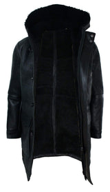 Chaqueta de hombre de piel de oveja auténtica con capucha 3/4, color negro, cálida para invierno.