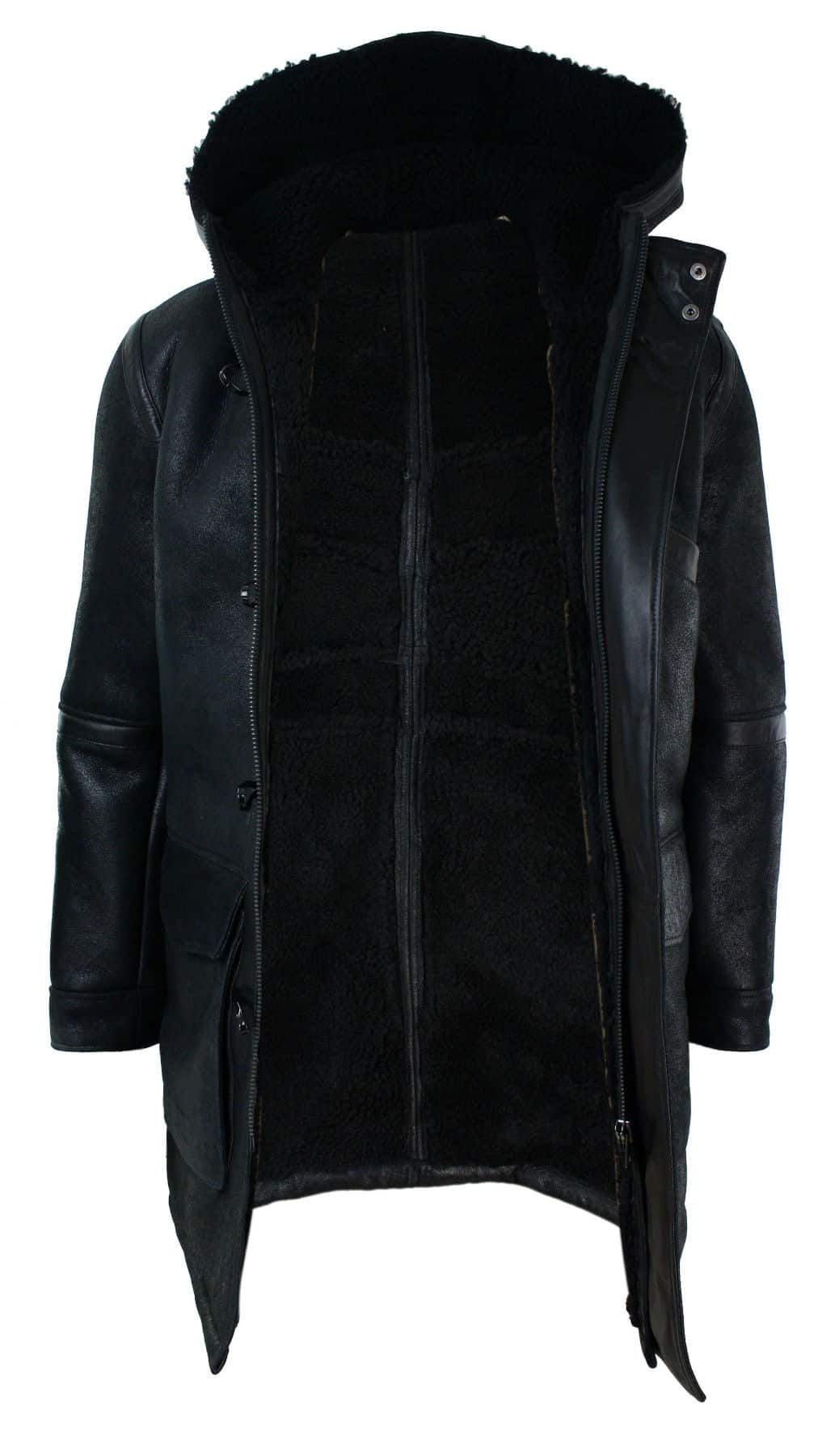 Chaqueta de hombre de piel de oveja auténtica con capucha 3/4, color negro, cálida para invierno.