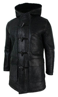 Chaqueta de hombre de piel de oveja auténtica con capucha 3/4, color negro, cálida para invierno.