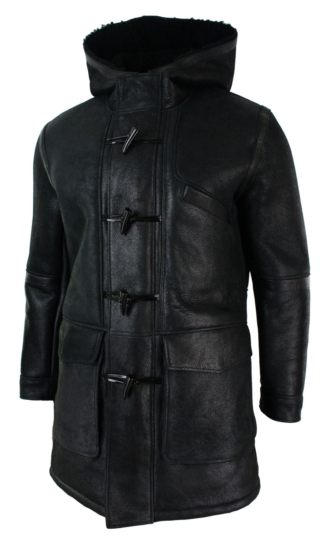 Chaqueta de hombre de piel de oveja auténtica con capucha 3/4, color negro, cálida para invierno.