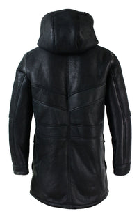 Chaqueta de hombre de piel de oveja auténtica con capucha 3/4, color negro, cálida para invierno.