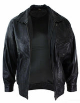 Chaqueta bomber clásica para hombre de cuero auténtico lavado marrón nobuk negro con cuello bomber negro.