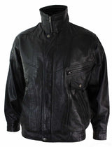 Chaqueta bomber clásica para hombre de cuero auténtico lavado marrón nobuk negro con cuello bomber negro.