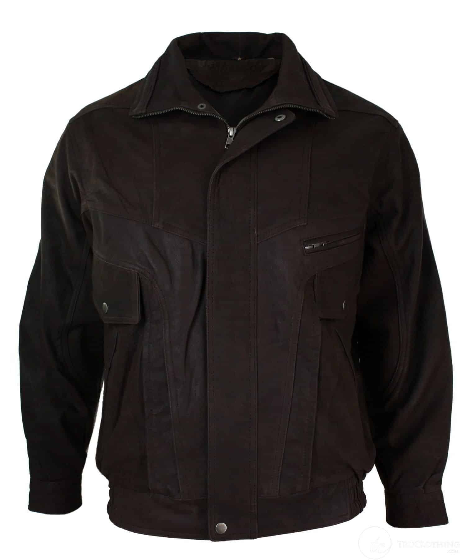Chaqueta bomber clásica para hombre, color negro nobuk, con detalles en cuero auténtico lavado marrón.