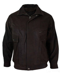 Chaqueta bomber clásica para hombre, color negro nobuk, con detalles en cuero auténtico lavado marrón.