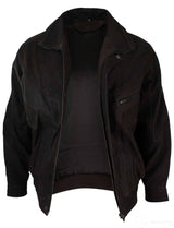 Chaqueta bomber clásica para hombre, color negro nobuk, con detalles en cuero auténtico lavado marrón.